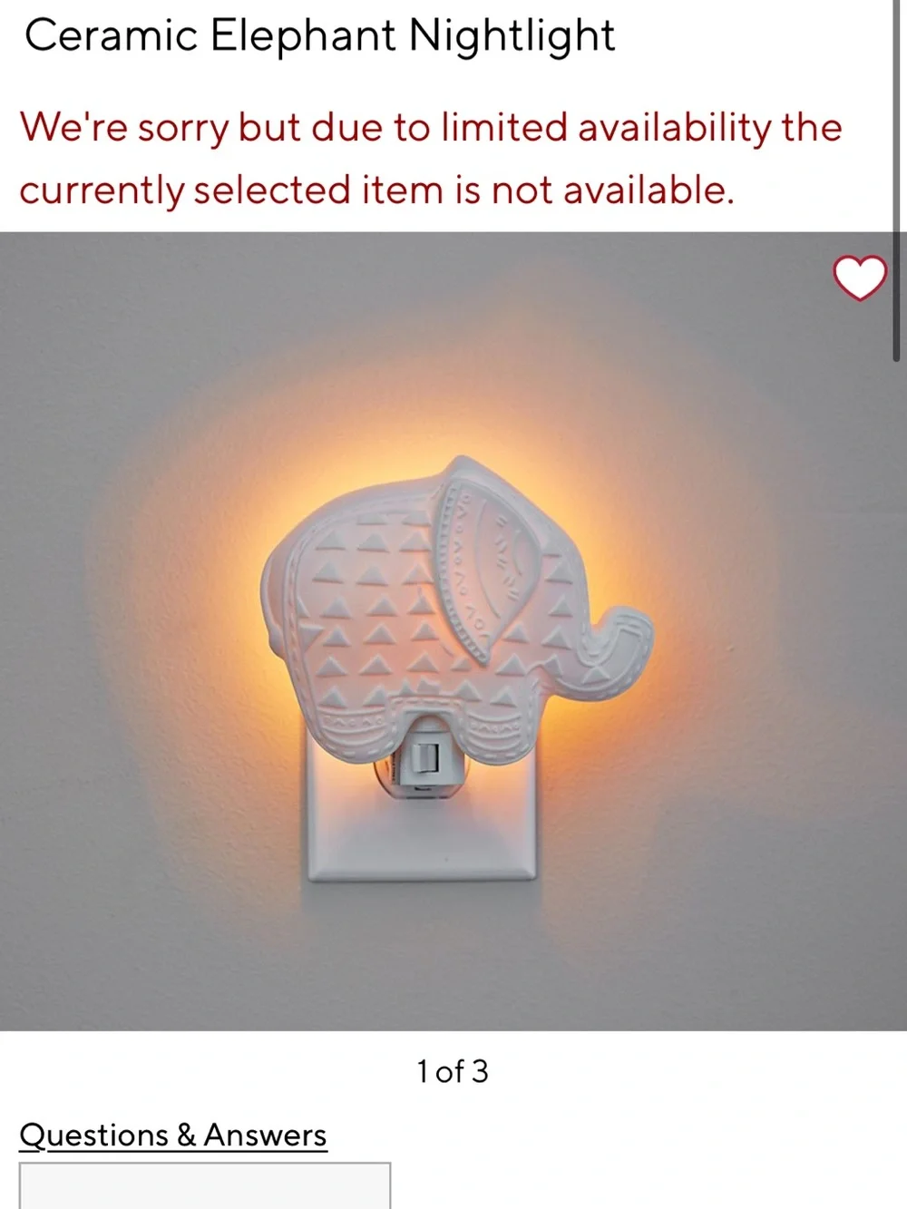 Pottery Barn Kids White Elephant Ceramic Night Light